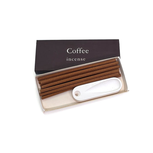 Coffee incense set with 10 short sticks and white plaster holder in soft-toned packaging