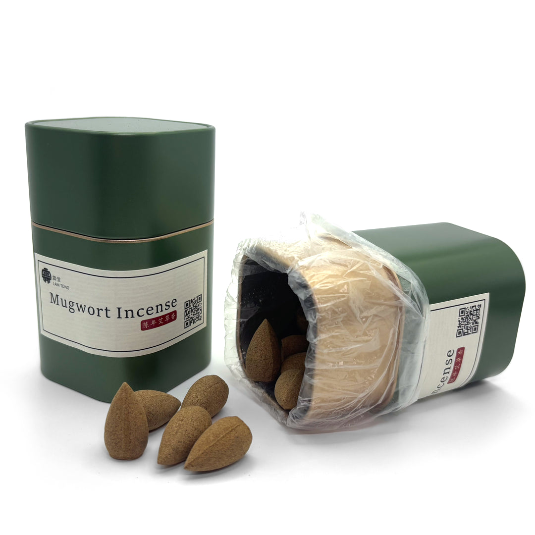 Mugwort backflow incense cones with green storage tin