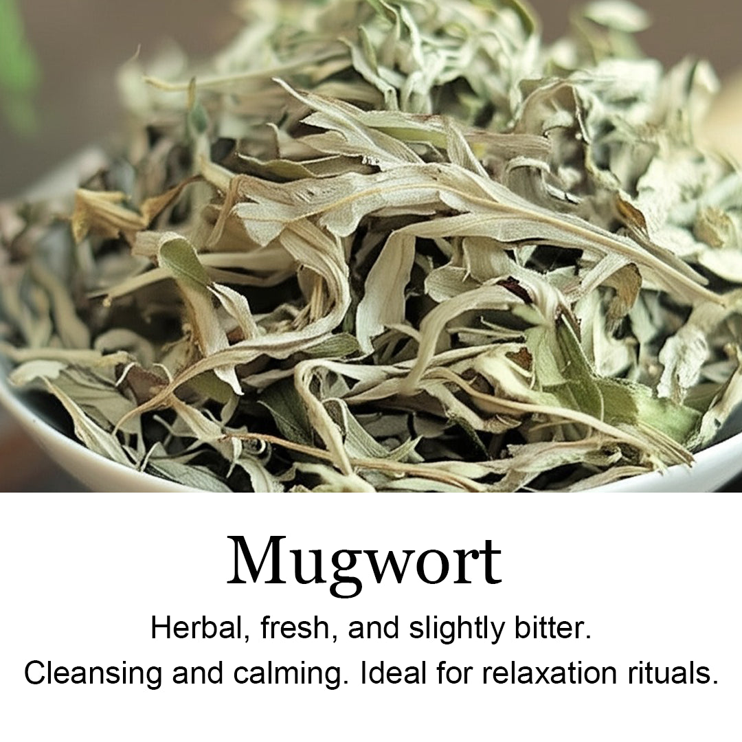 Mugwort leaves, herbal incense, calming and cleansing properties