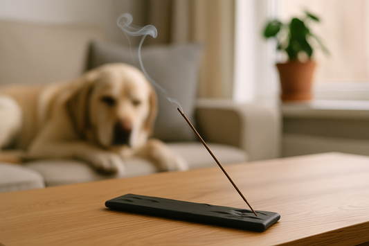 A peaceful room with incense and a resting cat or dog