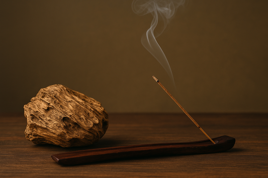 A lit agarwood incense stick resting on a ceramic holder, symbolizing meditation and Chinese ritual traditions.