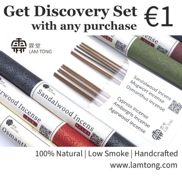 Promotional image showing Lamtong's Discovery Incense Set available for €1 with any purchase. Includes Sandalwood, Mugwort, Osmanthus, Cypress, Ambergris, and Agarwood incense sticks.