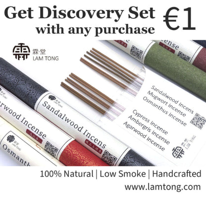 Promotional image showing Lamtong's Discovery Incense Set available for €1 with any purchase. Includes Sandalwood, Mugwort, Osmanthus, Cypress, Ambergris, and Agarwood incense sticks.