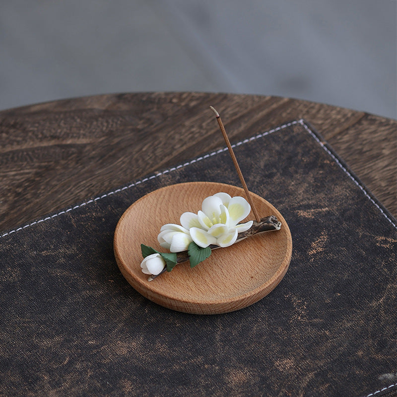 Handmade ceramic magnolia flower incense holder on wooden base – Lamtong