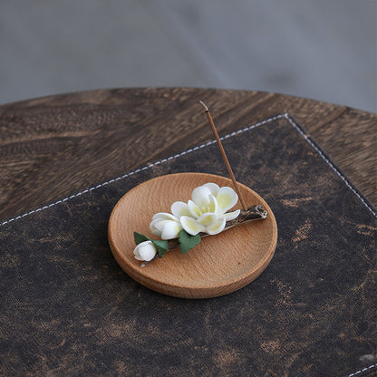 Handmade ceramic magnolia flower incense holder on wooden base – Lamtong