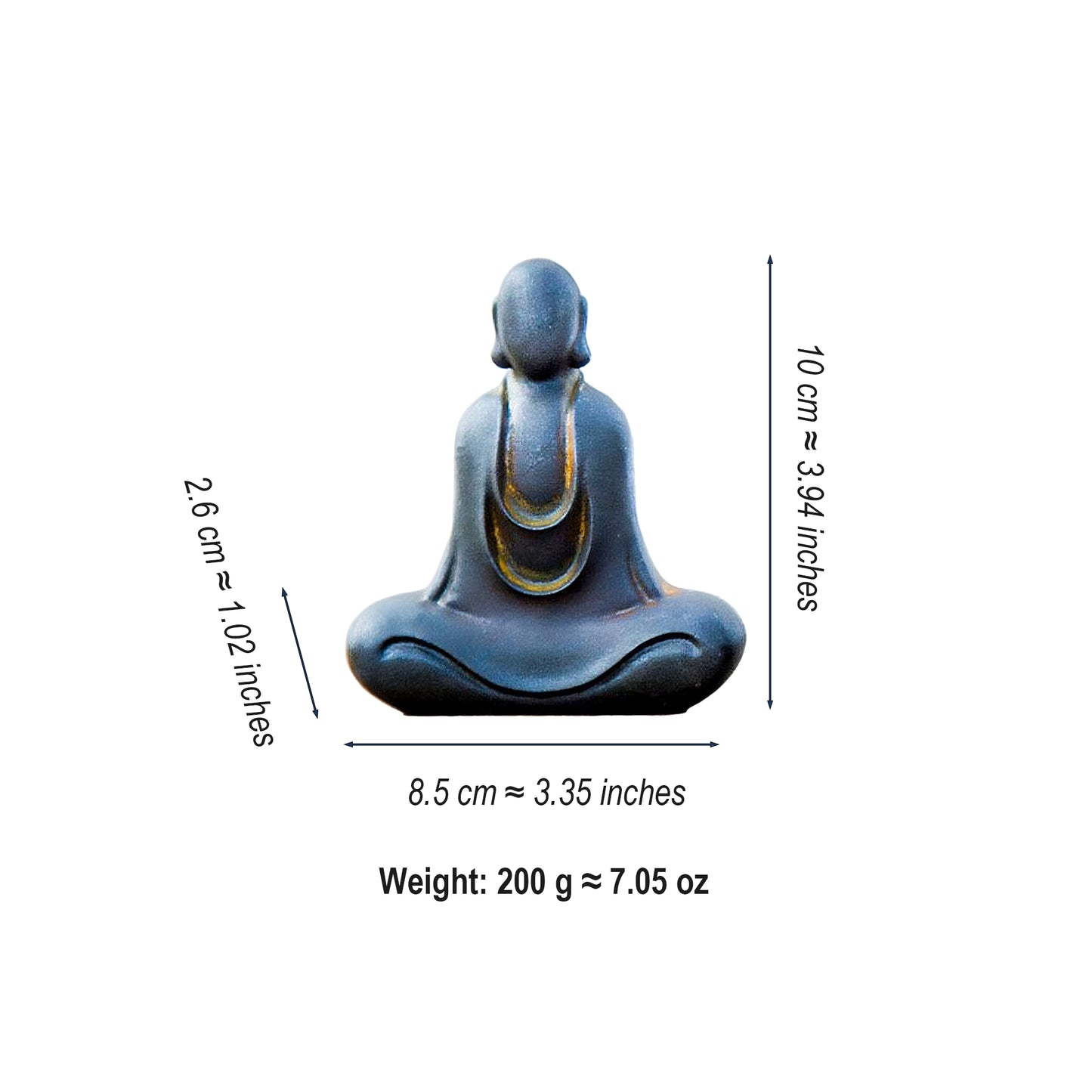 Size dimensions of No-Face Zen Monk Statue – 7.2cm × 10cm, weighs approx. 200g
