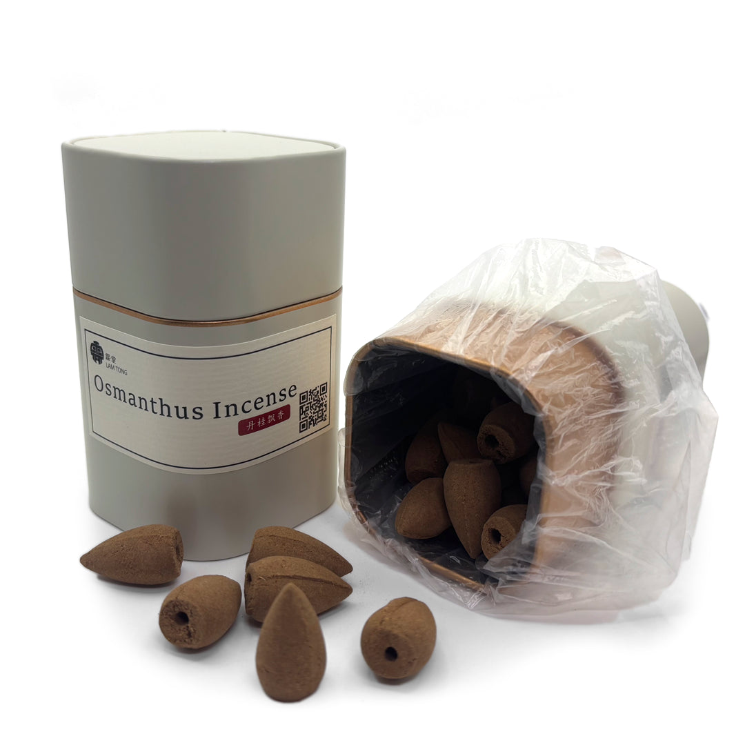 Osmanthus incense cones displayed with white tinpackaging
