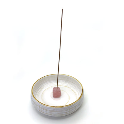 Rose quartz incense holder displayed with ceramic holder dish
