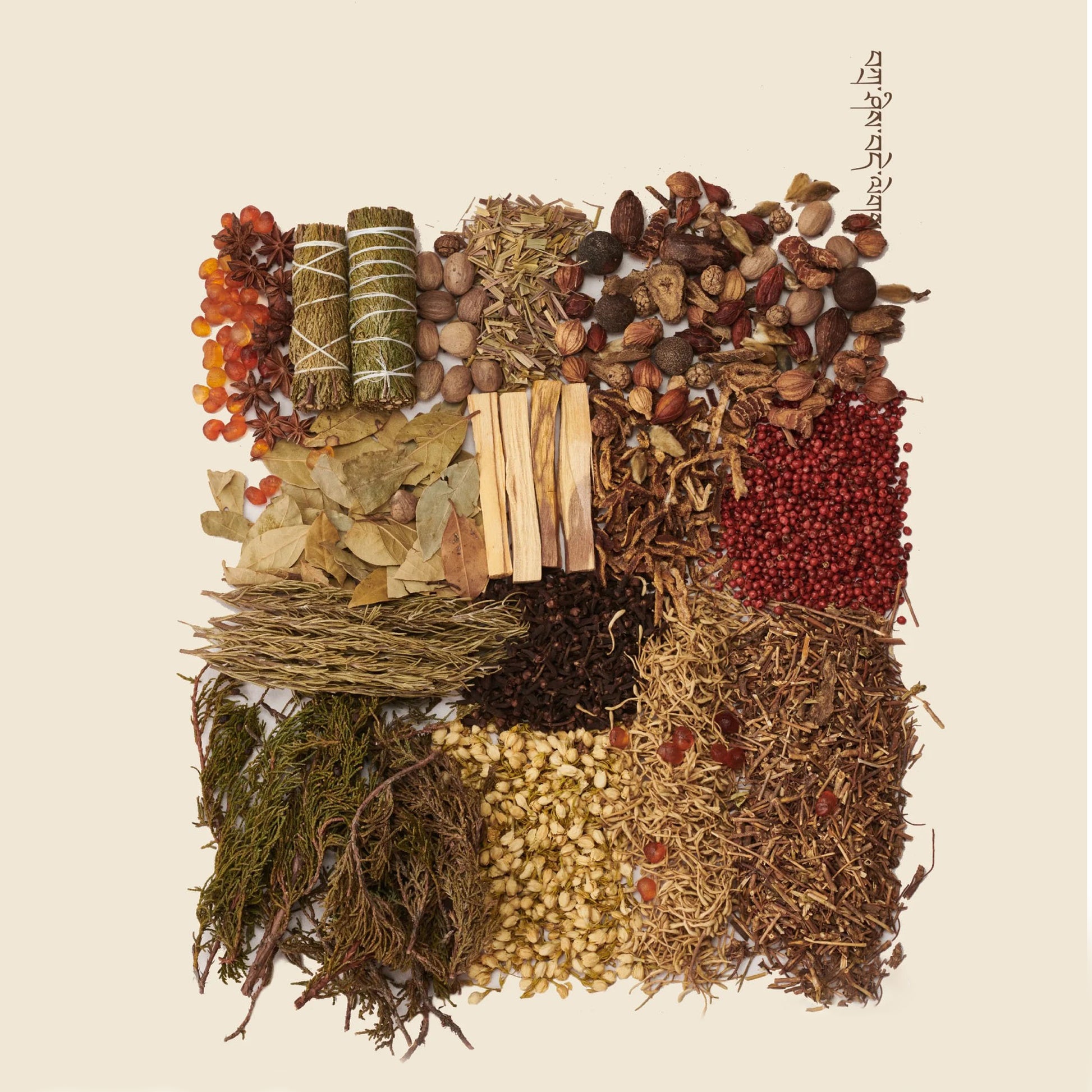 Traditional Tibetan incense ingredients laid out, herbs and spices
